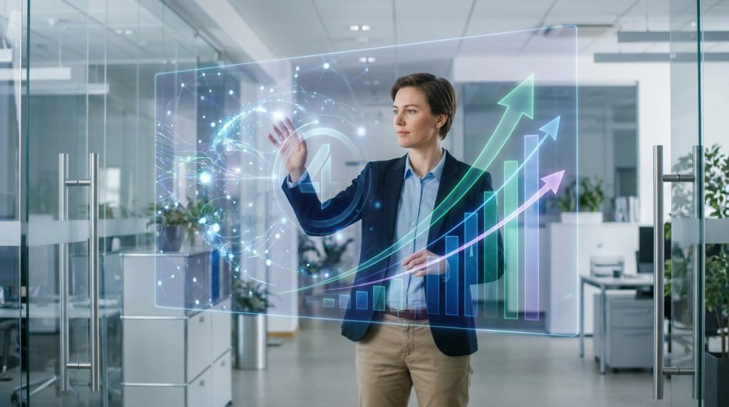 Professionnel interagissant avec une interface numérique holographique affichant le logo ITIL 4 et des graphiques de croissance.