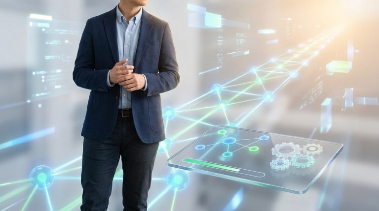 Un professionnel en costume interagit avec une interface numérique holographique représentant des réseaux et des rouages.