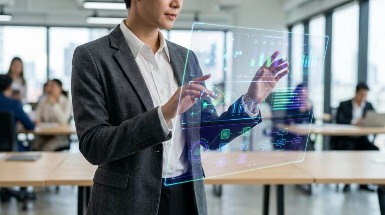 Professionnel en costume interagissant avec une interface numérique holographique affichant des données et graphiques.
